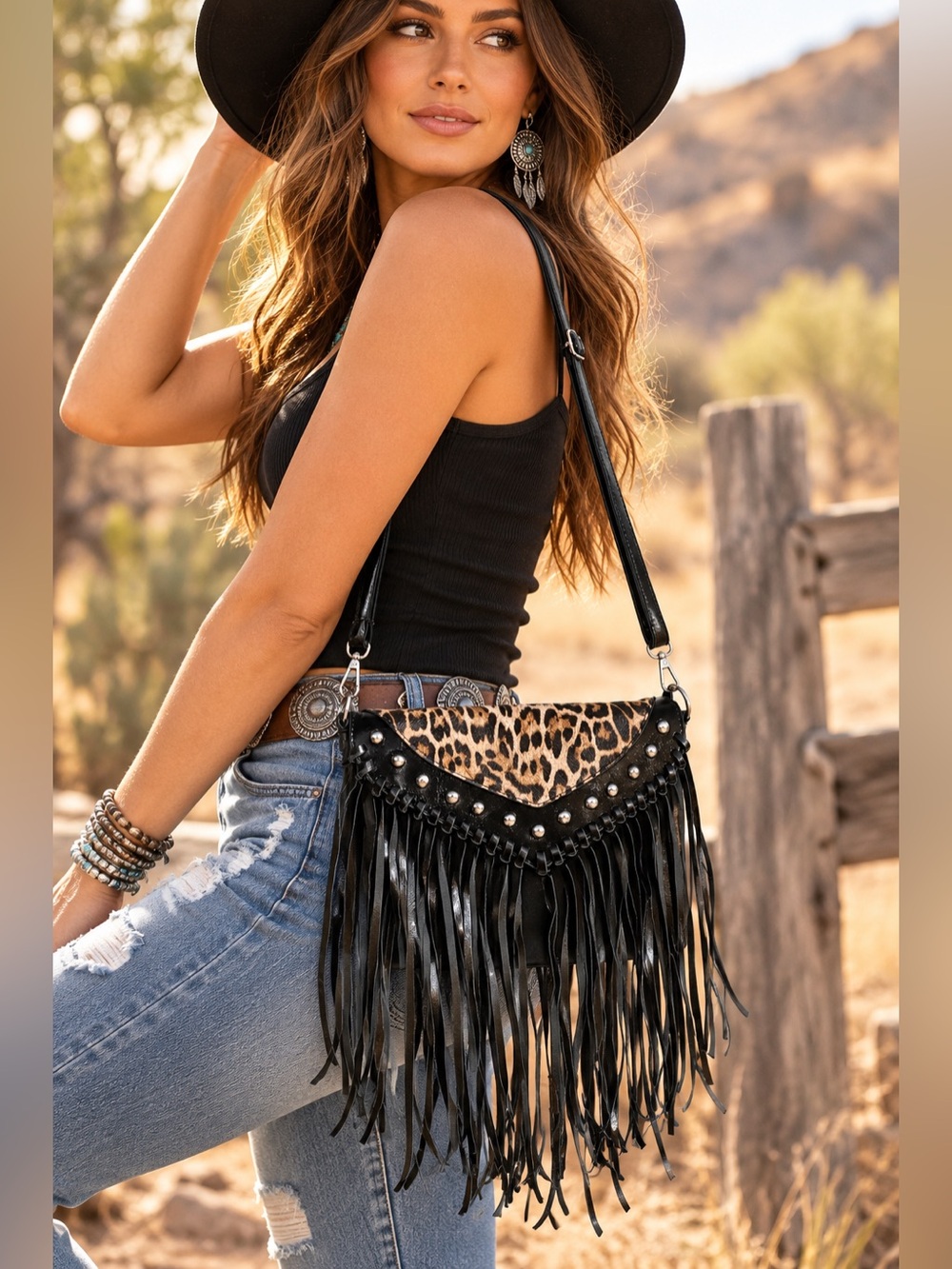 Leopard Print Fringe Studded Western Crossbody Bag Black